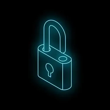 Neon blue padlock shining in darkness symbolizing security Stock Illustration