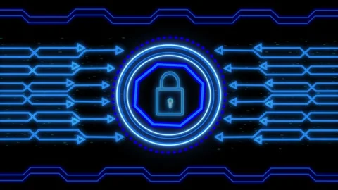 Neon Blue Padlock Symbol Within a Ring Surrounded by Arrows and Digital Par.. Stock Footage 321625876
