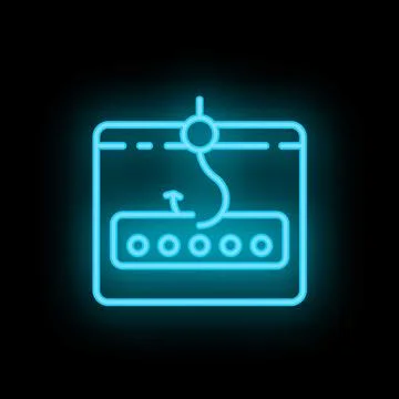 Neon blue phishing website stealing password with hook icon Stock Illustration