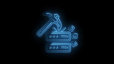 Neon blue pickaxe striking digital blocks representing cryptocurrency mining and Stock Footage 333952934