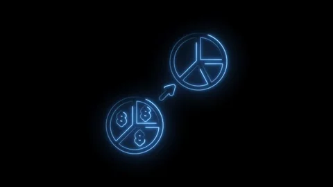 Neon blue pie chart icon with dollar signs transitioning to a peace sign sy.. Stock Footage 346143296
