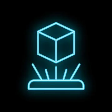 Neon blue projection of 3d cube above platform on black background Stock Illustration