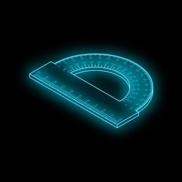 Neon blue protractor measuring angles on black background Stock Illustration
