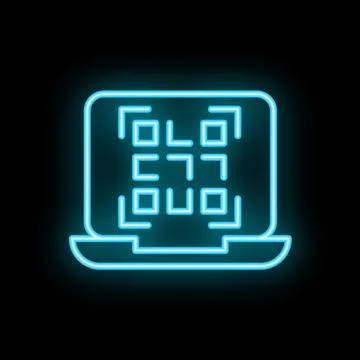 Neon blue qr code scanning on laptop screen icon isolated on black backgrou.. Stock Illustration
