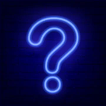Neon blue question mark on dark brick wall. Cinema, show, theatre, circus Stock Illustration