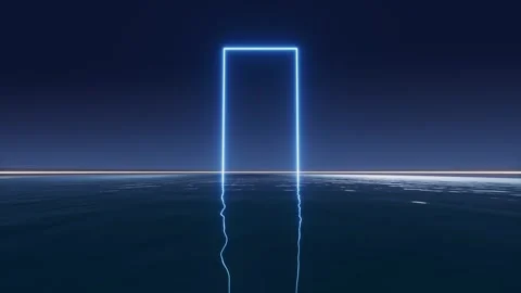 Neon blue rectangular portal with vibrant light reflecting on calm water, s.. Stock Footage 332315832