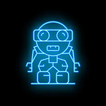 Neon blue robot character standing with glowing eyes and mouth open Stock Illustration