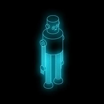 Neon blue robot standing on black background Stock Illustration