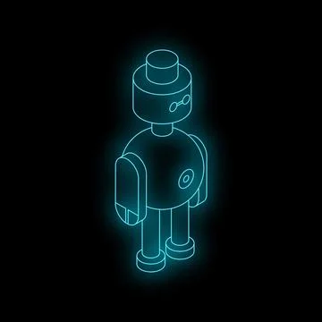 Neon blue robot standing isometrically on black background Stock Illustration