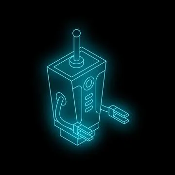 Neon blue robot standing with wires plugged in Stock Illustration