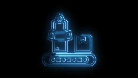 Neon blue robotic arm packing boxes on conveyor belt automated logistics wa.. Stock Footage 346009614