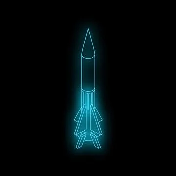 Neon blue rocket launching on black background Stock Illustration
