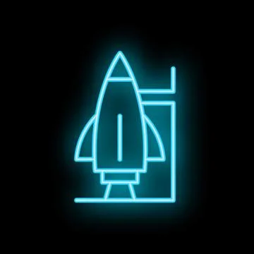 Neon blue rocket launching from platform icon Stock Illustration