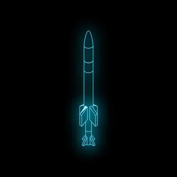Neon blue rocket missile glowing on black background Stock Illustration
