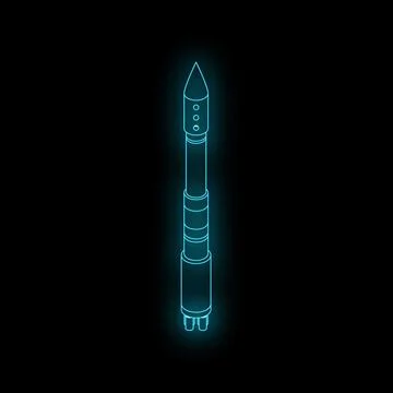 Neon blue rocket ship glowing on black background Stock Illustration