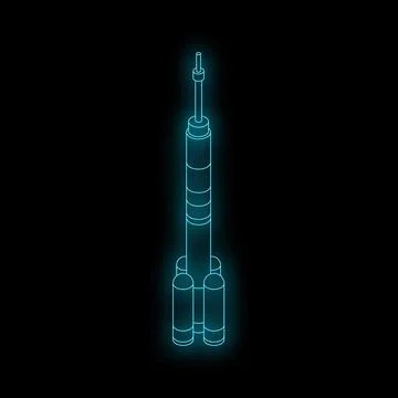 Neon blue rocket ship glowing on black background symbolizing space explorati Stock Illustration