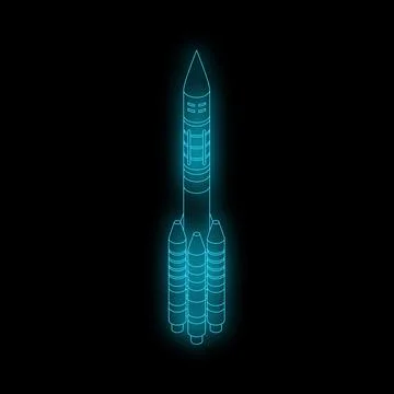 Neon blue rocket ship taking off on black background Stock Illustration