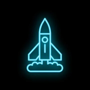 Neon blue rocket ship taking off over black background Ilustração Stock