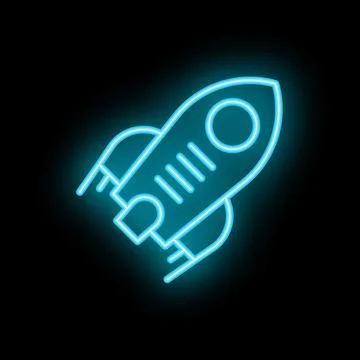 Neon blue rocket ship taking off on black background Stock Illustration