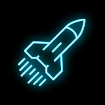 Neon blue rocket taking off leaving a trail on black background Stock Illustration