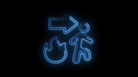 Neon blue running man icon with fire and arrow indicating escape route on black Stock Footage 333952332