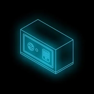 Neon blue safe providing security on black background Stock Illustration