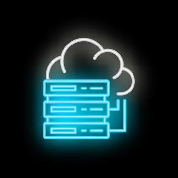 Neon blue server icon connecting to cloud computing system Stock Illustration