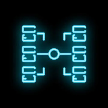Neon blue server network icon glowing on black background Stock Illustration
