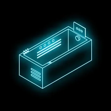 Neon blue server rack glowing in dark data center Stock Illustration