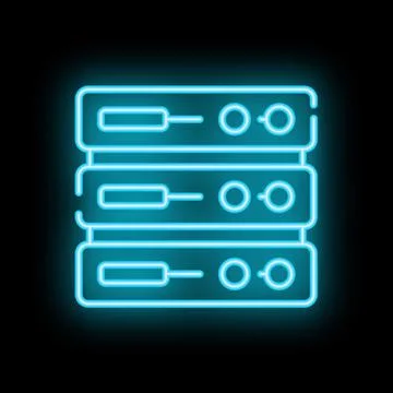 Neon blue server rack icon glowing on black background Illustrazione stock