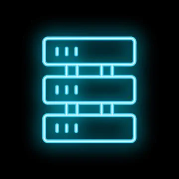 Neon blue server rack icon glowing on black background Stock Illustration