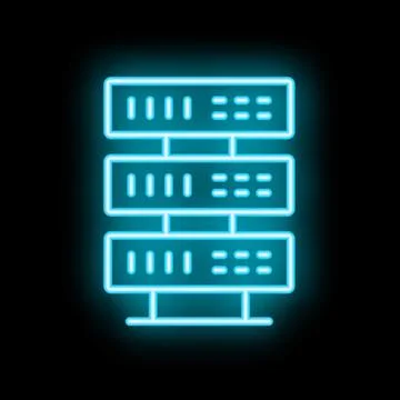 Neon blue server rack icon glowing on black background Illustrazione stock