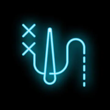 Neon blue sewing needle with thread and stitches icon Stock Illustration