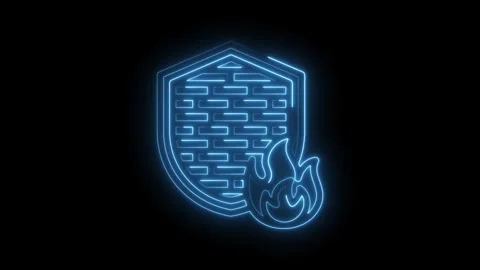 Neon blue shield with brick pattern and flame glowing on black background c.. 库存影片 346014452