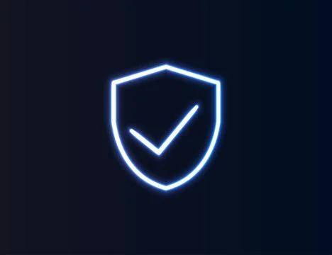 Neon Blue Shield With Checkmark Icon. Stock Illustration