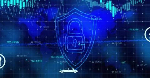 Neon-blue shield enclosing padlock glowing in control panel, with world map, Stock Illustration