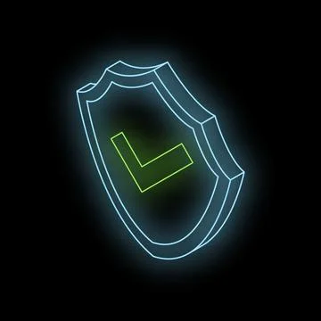 Neon blue shield with green check mark on black background symbolizing securi Stock-Illustration
