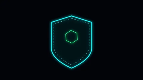 Neon blue shield icon with a glowing green hexagon symbol on black background Stock-Footage 338311342