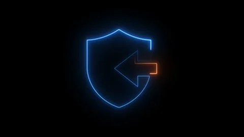 Neon blue shield icon with orange arrow entering animation on black backgro.. Stock Footage 338081598
