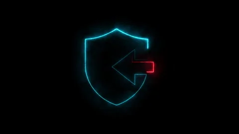 Neon blue shield icon with red arrow glowing on dark background for securit.. Stock Footage 338081722