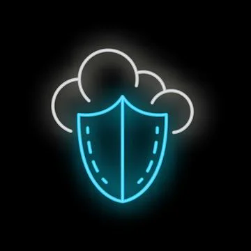 Neon blue shield protecting cloud computing data storage icon Stock Illustration
