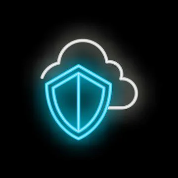 Neon blue shield protecting cloud computing data storage Stock Illustration