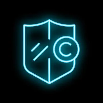 Neon blue shield protecting copyright symbol on black background Stock Illustration
