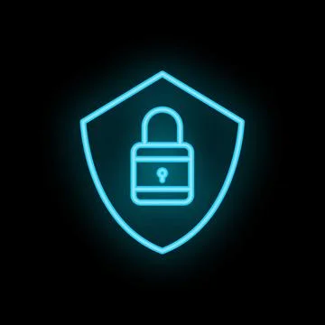 Neon blue shield protecting padlock on black background Stock Illustration