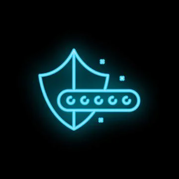Neon blue shield protecting password with circular padlock icon on black ba.. Stock Illustration