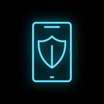 Neon blue shield protecting smartphone screen on black background 库存插图
