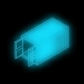 Neon blue shipping container open doors isometric view on black background Stock Illustration