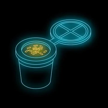 Neon blue single serve coffee pod with lid and coffee grounds Stock Illustration