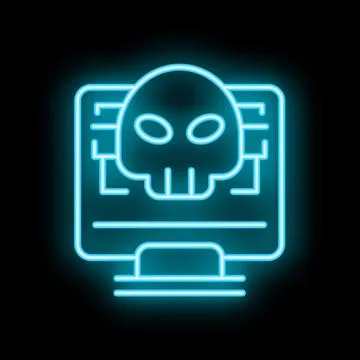 Neon blue skull displaying on computer screen symbolizing cyber threat Stock Illustration