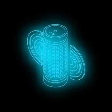 Neon blue smart speaker emitting sound waves on black background Stock Illustration